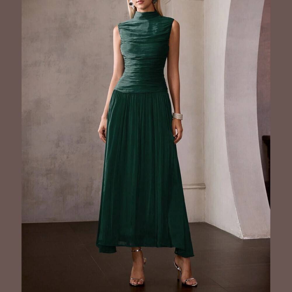 Emerald Green Satin Ruched Stand Collar Sleeveless A-Line Maxi Dress